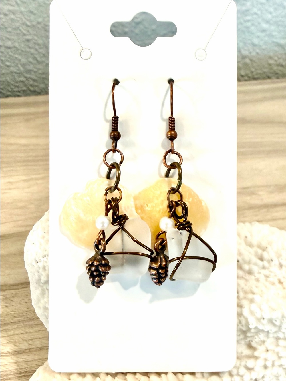 140. Handmade White Sea Glass & Shell Drop Earrings with pine cones